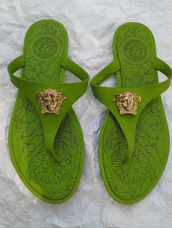 Versace Shoes - Versace Lime Green Medusa Thong Sandals with Gold Medallions